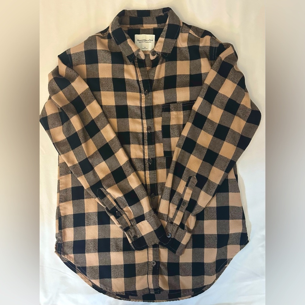 Black and Tan Plaid Button-Up Shirt